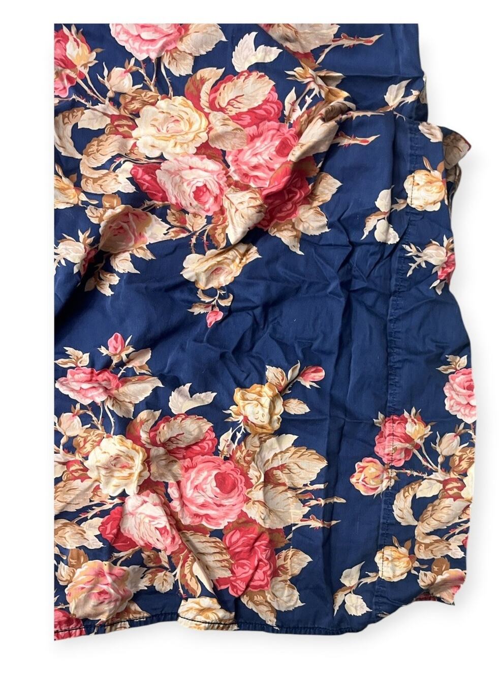 Vtg Ralph Lauren Winslow Full Flat Sateen Sheet Navy Blue With Roses Floral